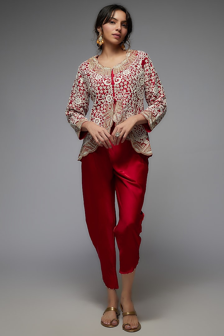 Red Bamber Embroidered Jacket Set by USHA BAGRI
