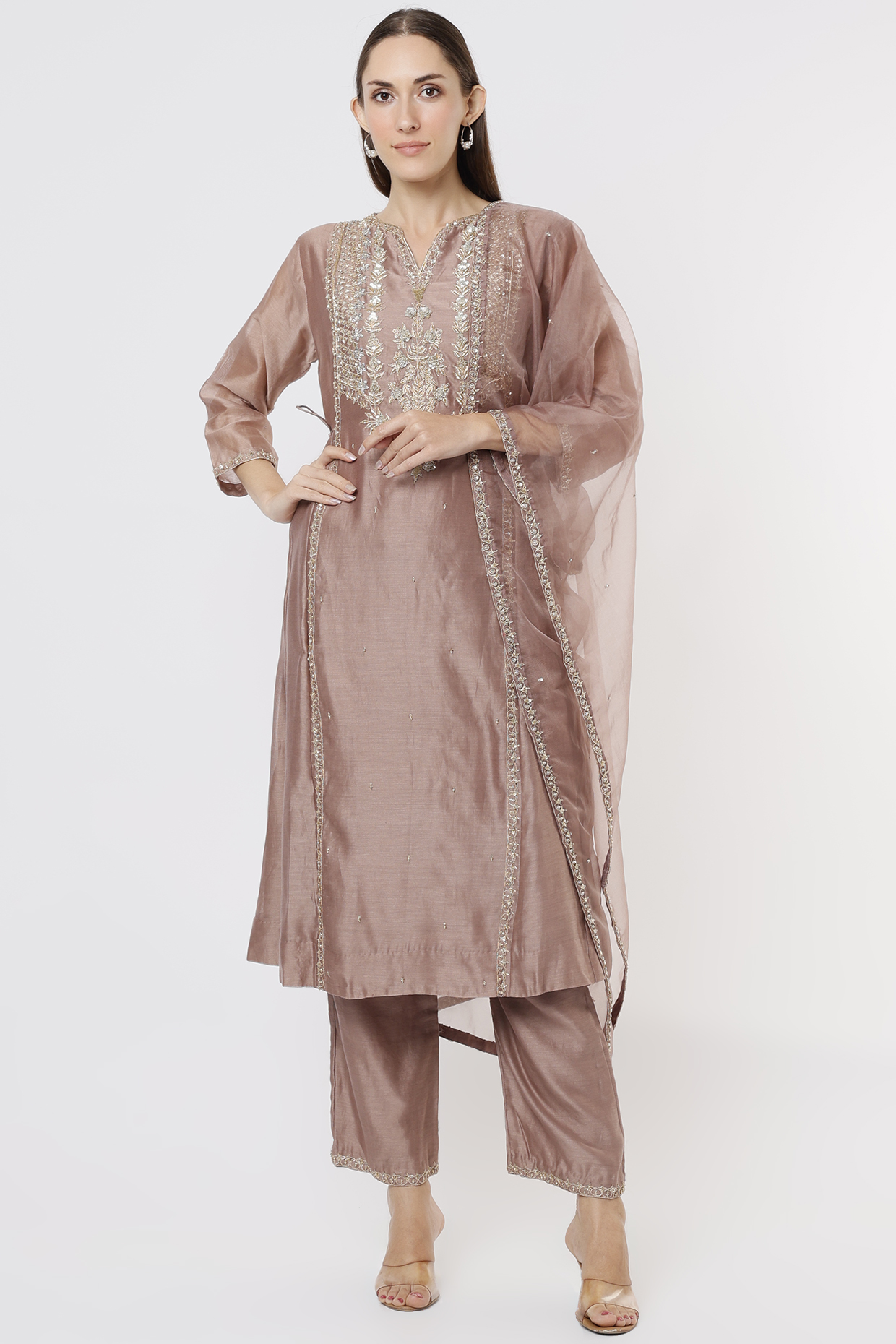 Nude Embroidered Kurta Set by USHA BAGRI