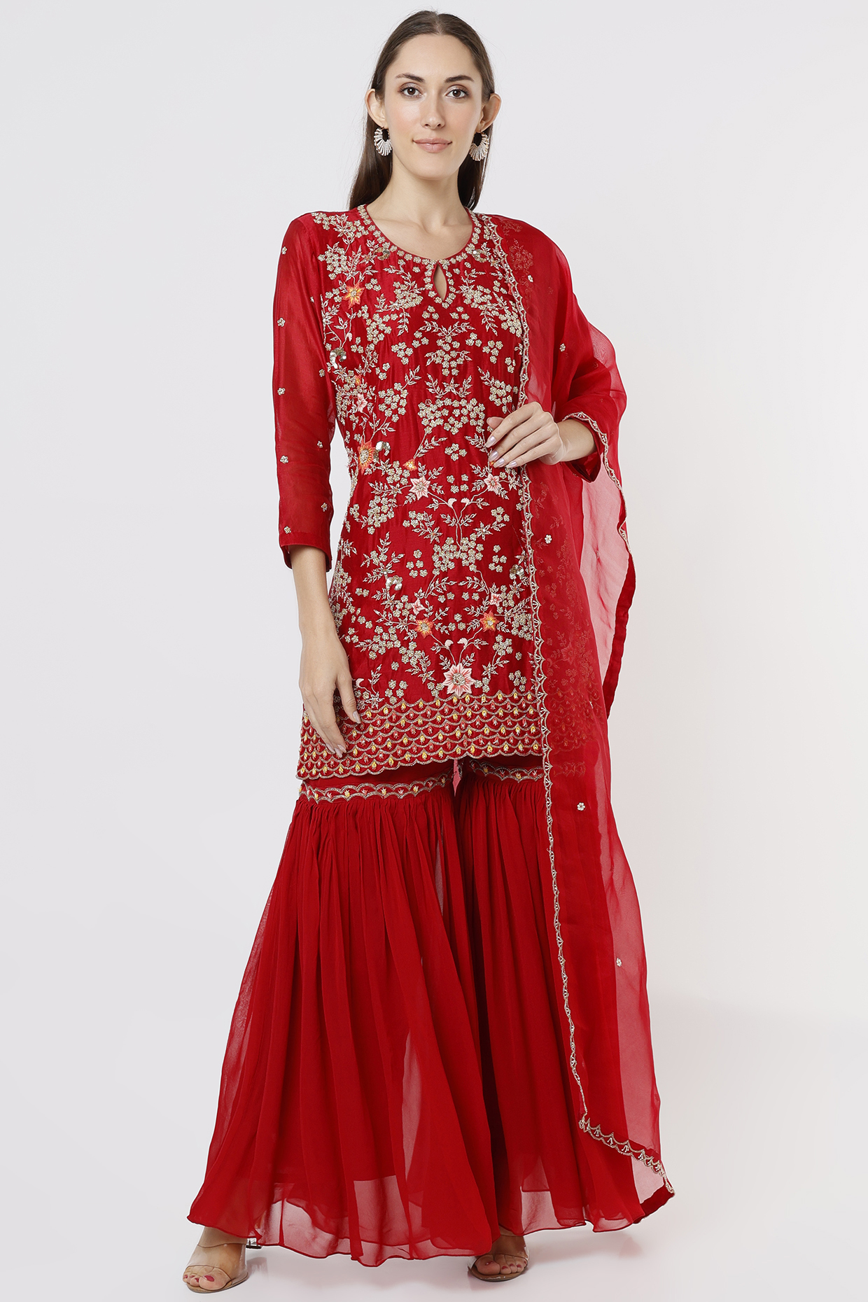 Red Georgette Wedding Sharara Set by USHA BAGRI at Pernia's Pop Up Shop