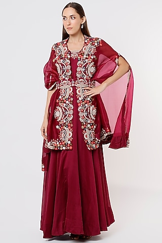 Red Embroidered Anarkali Set by USHA BAGRI