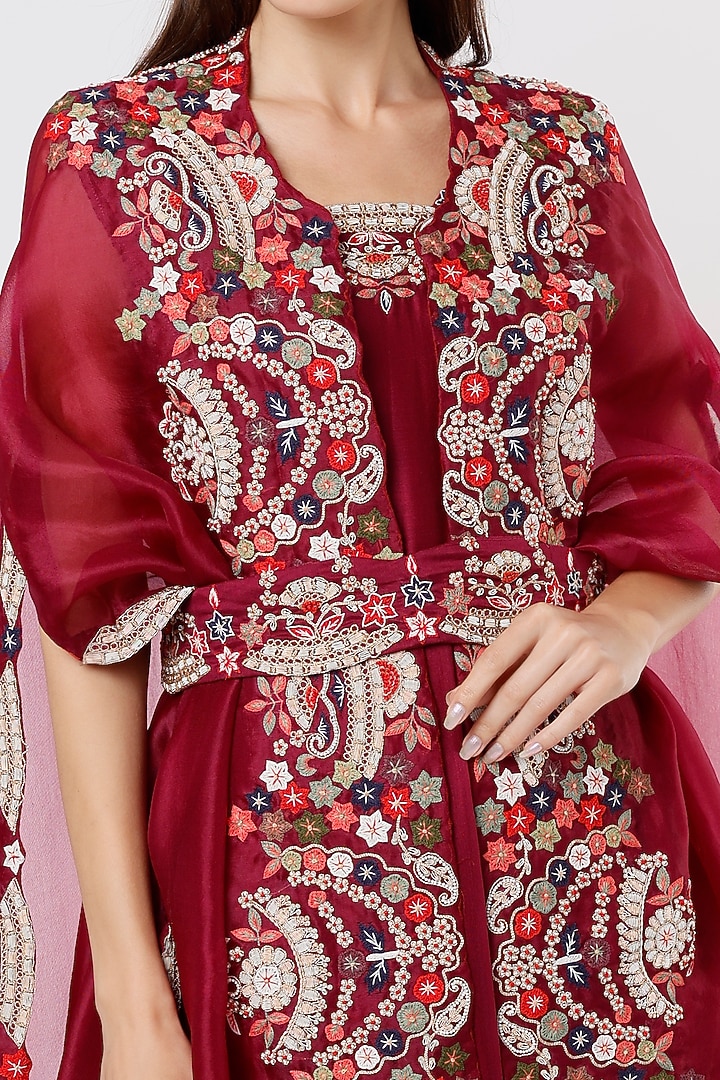 Red Embroidered Wedding Anarkali Set by USHA BAGRI at Pernia's Pop Up Shop