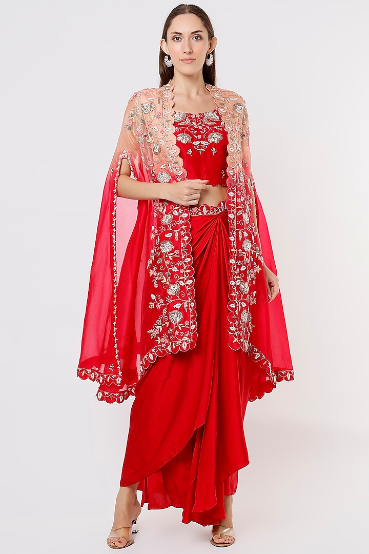 Red Embroidered Skirt Set by USHA BAGRI