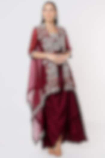 Wine Embroidered Skirt Set by USHA BAGRI at Pernia's Pop Up Shop