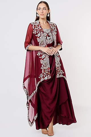 Wine Embroidered Skirt Set by USHA BAGRI