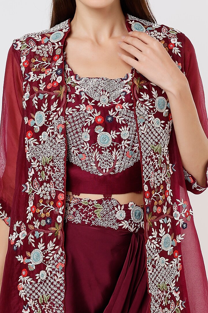 Wine Embroidered Skirt Set by USHA BAGRI at Pernia's Pop Up Shop
