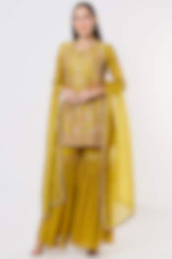 Yellow Embroidered Sharara Set by USHA BAGRI