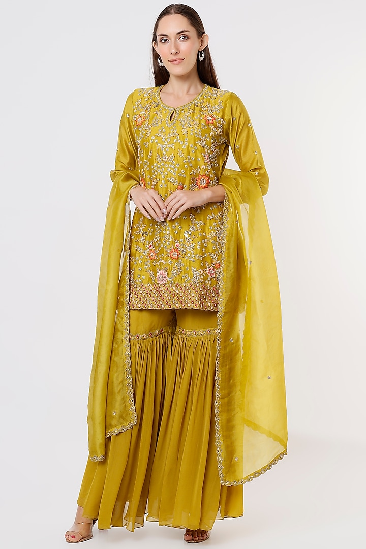 Yellow Embroidered Sharara Set by USHA BAGRI