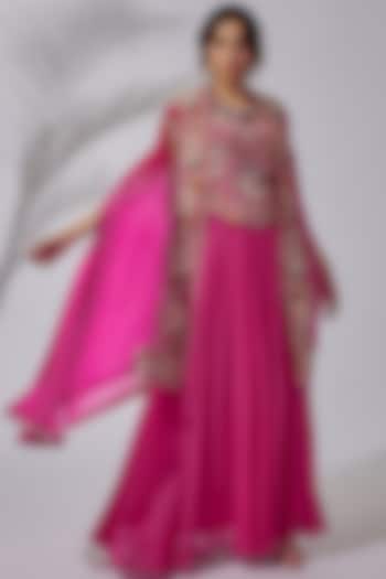 Pink Georgette Embroidered Skirt Set by USHA BAGRI