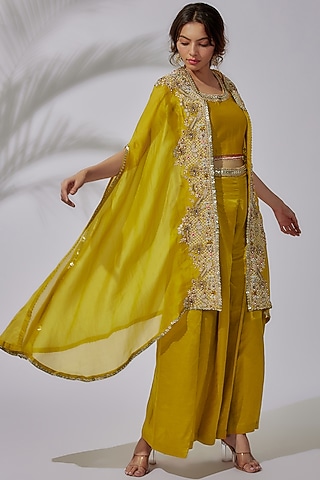 Mustard organza Embroidered Cape Set by USHA BAGRI
