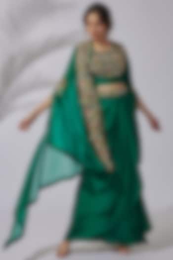 Green Satin Embroidered Draped Skirt Set by USHA BAGRI