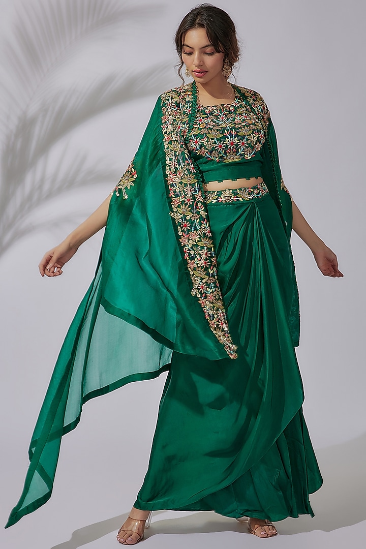 Green Satin Embroidered Draped Skirt Set by USHA BAGRI