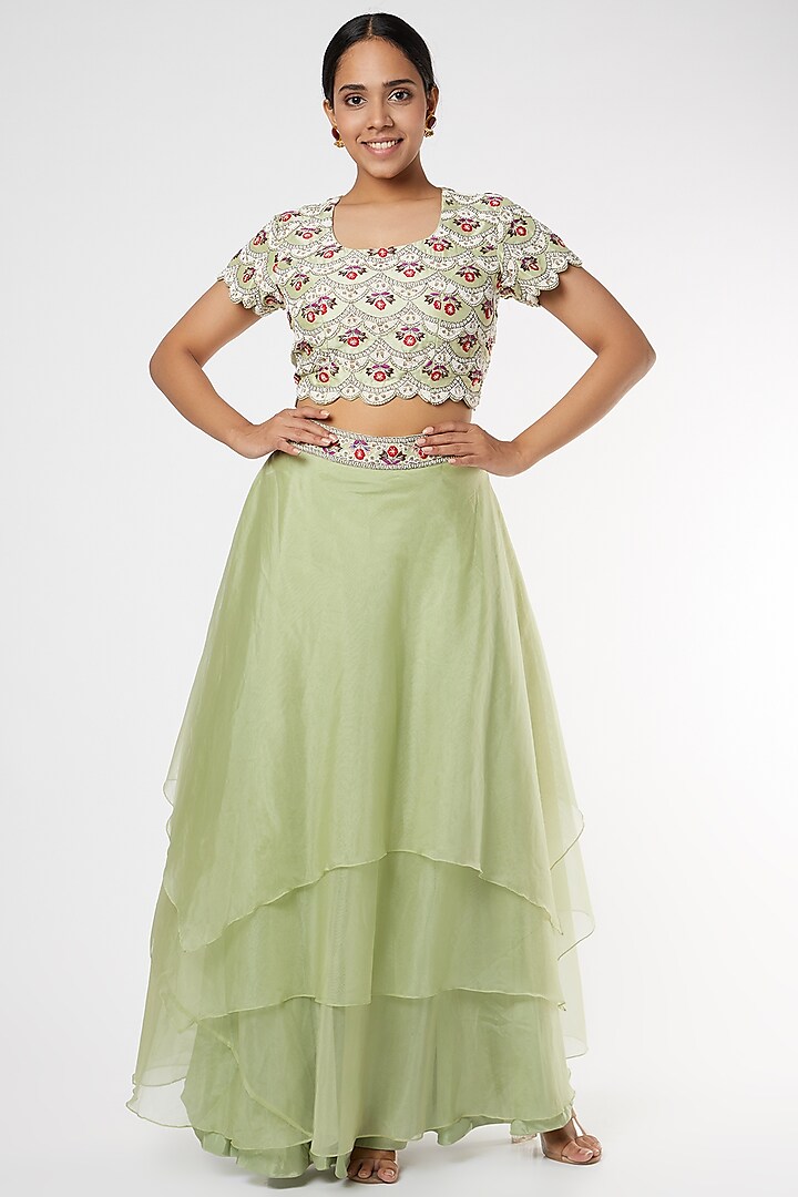 Lime Zardosi Embroidered Skirt Set by USHA BAGRI