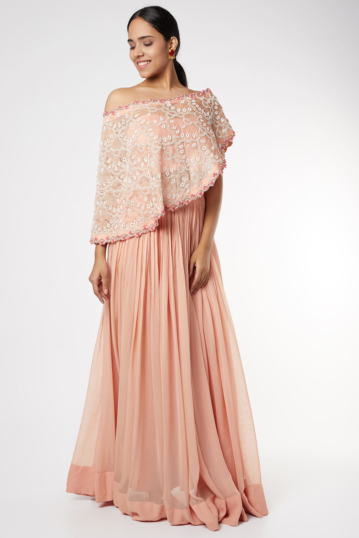 Blush Pink Georgette Skirt Set by USHA BAGRI