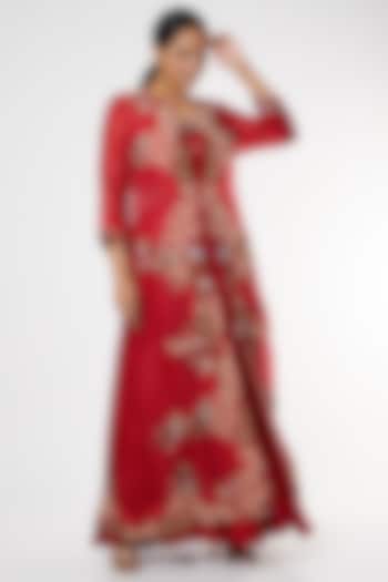 Red Zardosi Embroidered Skirt Set With Jacket by USHA BAGRI