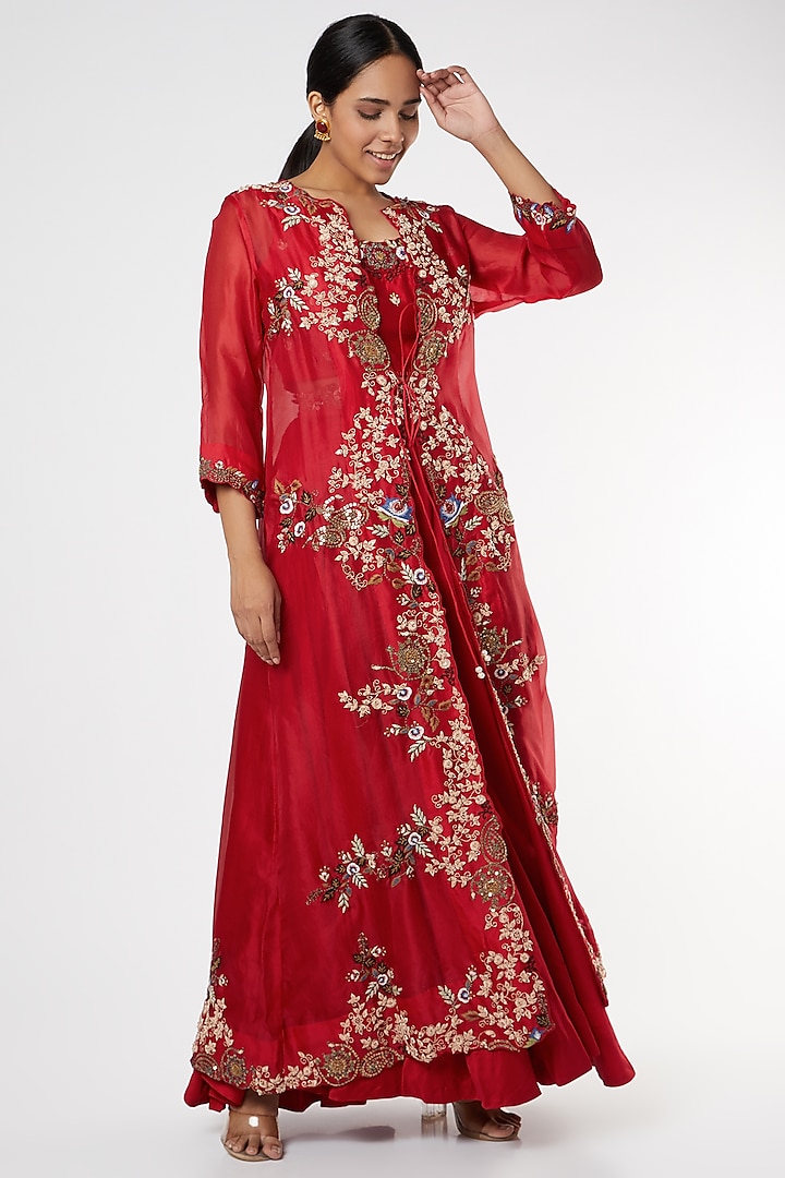 Red Zardosi Embroidered Skirt Set With Jacket by USHA BAGRI
