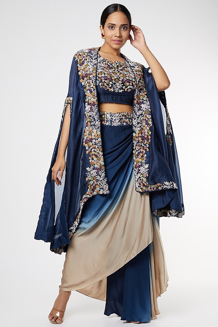 Cobalt Blue Skirt Set With Embroidered Cape by USHA BAGRI