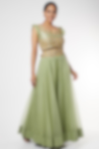 Mint Green Zardosi Embroidered Skirt Set by USHA BAGRI