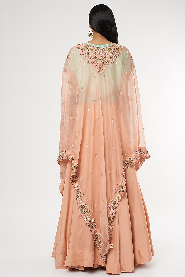 Peach Bamberg Silk Embroidered Jacket Wedding Lehenga Set by USHA BAGRI at Pernia's Pop Up Shop
