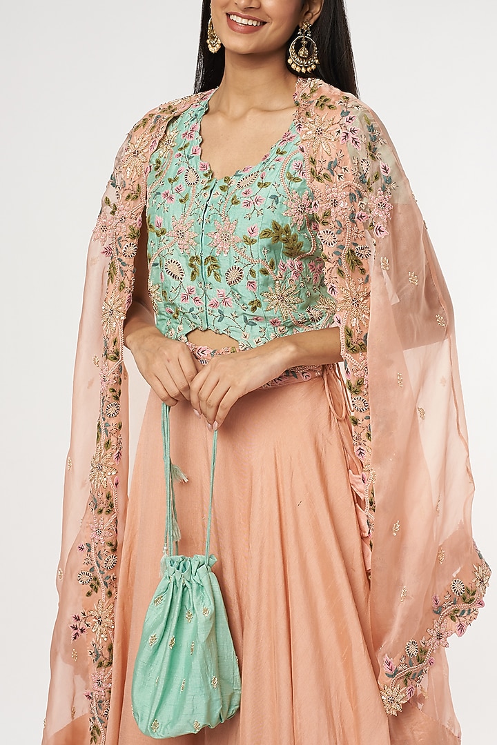 Peach Bamberg Silk Embroidered Jacket Wedding Lehenga Set by USHA BAGRI at Pernia's Pop Up Shop