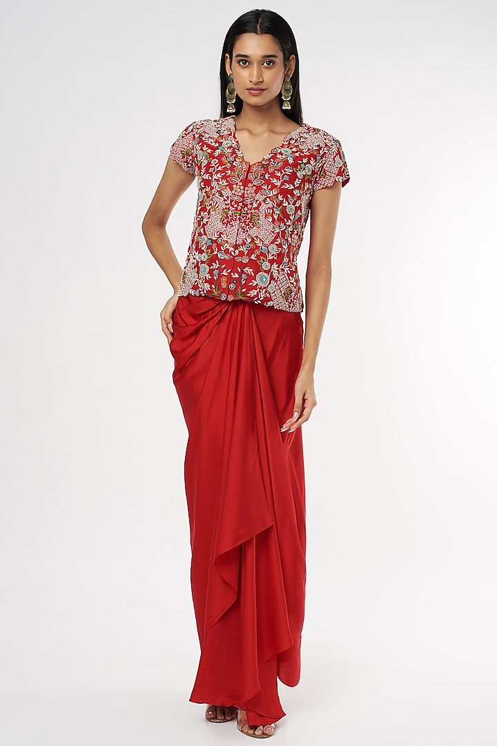 Red Satin Draped Skirt Set by USHA BAGRI
