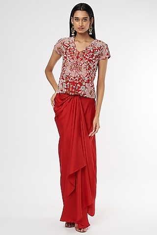 Red Satin Draped Skirt Set by USHA BAGRI