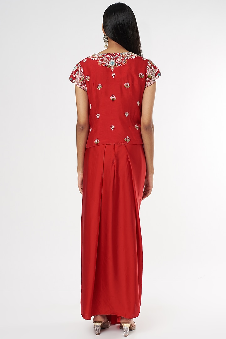 Red Satin Draped Skirt Set by USHA BAGRI at Pernia's Pop Up Shop