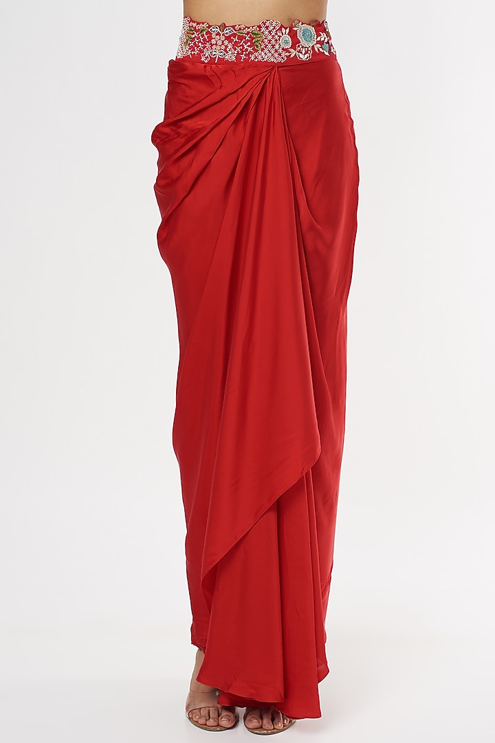 Red Satin Draped Skirt Set by USHA BAGRI at Pernia's Pop Up Shop