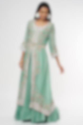 Turquoise Chanderi Anarkali Set by USHA BAGRI