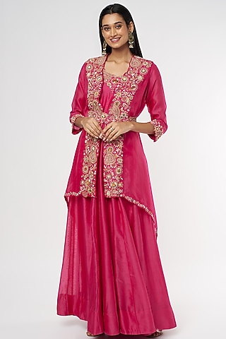 Red Chanderi Anarkali Set by USHA BAGRI