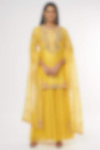 Yellow Georgette Sharara Set by USHA BAGRI