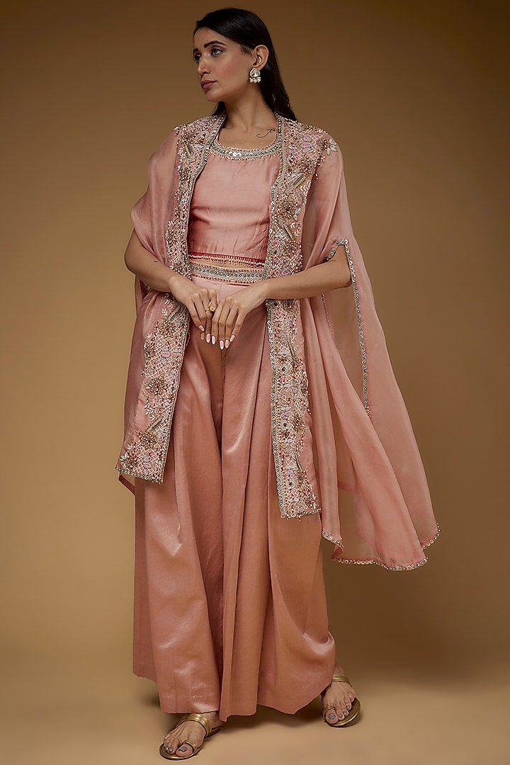 Blush Pink Organza Embroidered Cape Set by USHA BAGRI