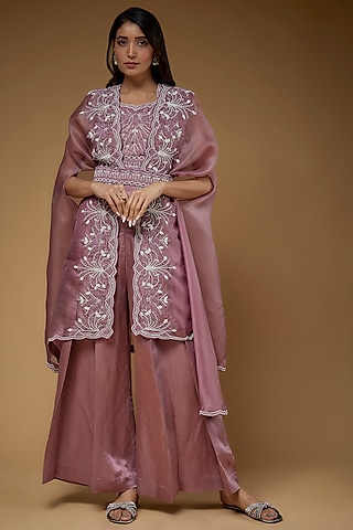 Purple Organza Embroidered Cape Set by USHA BAGRI