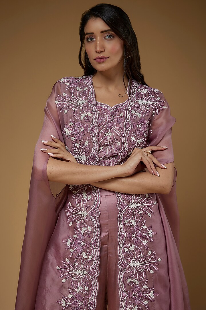 Purple Organza Embroidered Cape Set by USHA BAGRI at Pernia's Pop Up Shop