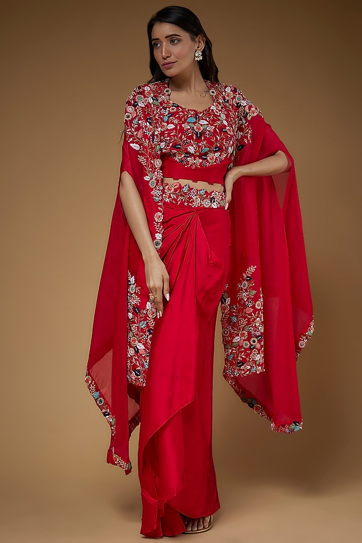Red Organza Embroidered Cape Set by USHA BAGRI