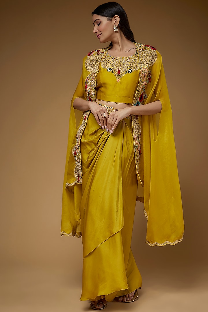 Yellow Organza Embroidered Cape Set by USHA BAGRI