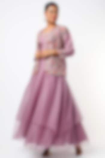Mauve Layered Skirt Set by USHA BAGRI