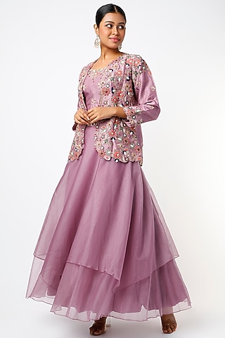 Mauve Layered Skirt Set by USHA BAGRI