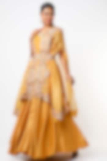 Mustard Hand Embroidered Cape Set by USHA BAGRI at Pernia's Pop Up Shop