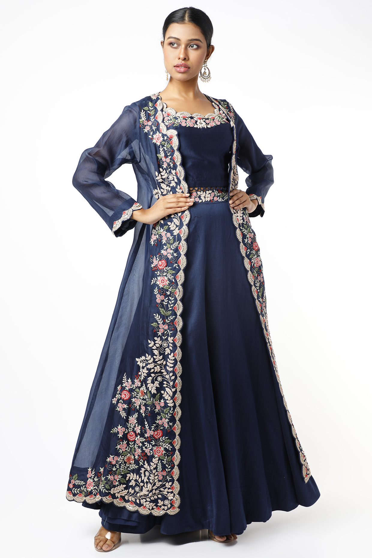 Midnight Blue Hand Embroidered Jacket Set by USHA BAGRI