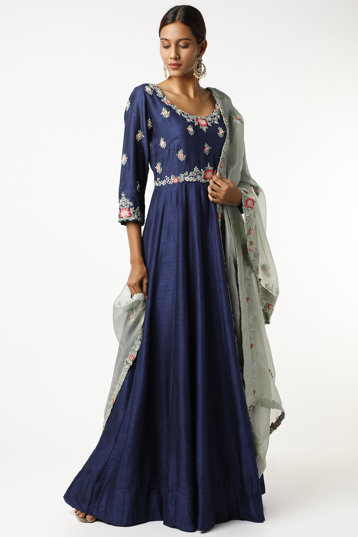 Midnight Blue Hand Embroidered Anarkali Set by USHA BAGRI