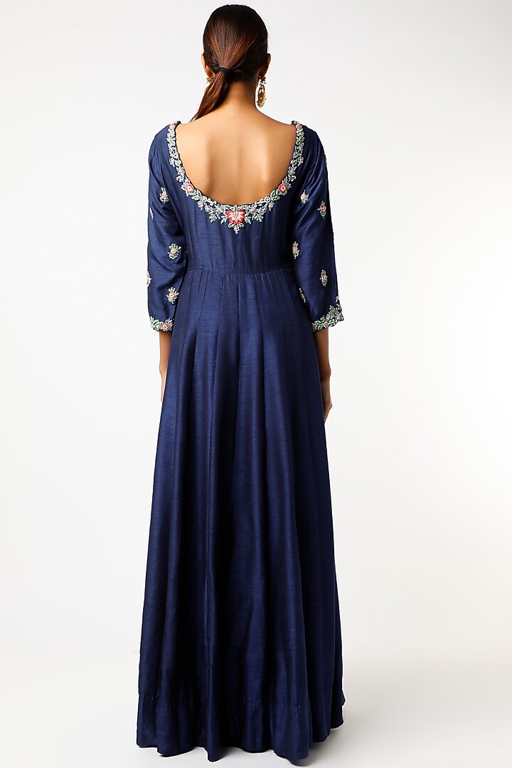 Midnight Blue Hand Embroidered Wedding Anarkali Set by USHA BAGRI at Pernia's Pop Up Shop