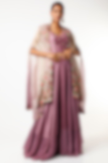Mauve Silk Skirt Set by USHA BAGRI