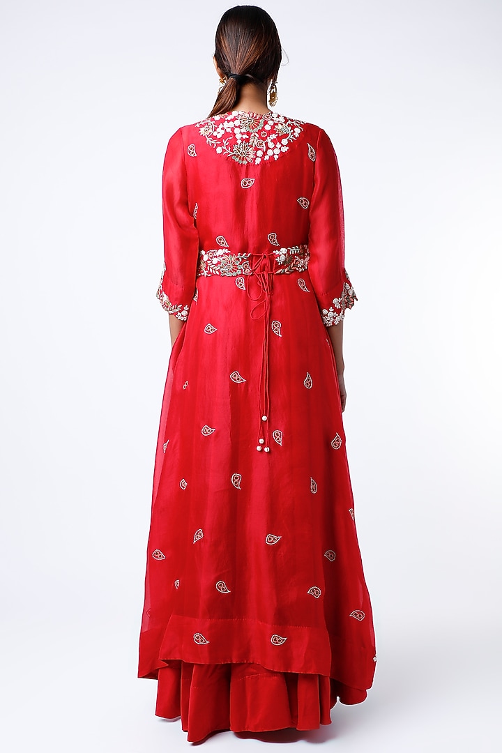Red Organza Wedding Anarkali Set by USHA BAGRI at Pernia's Pop Up Shop