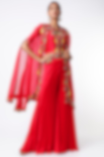 Red Hand Embroidered Cape Set by USHA BAGRI at Pernia's Pop Up Shop