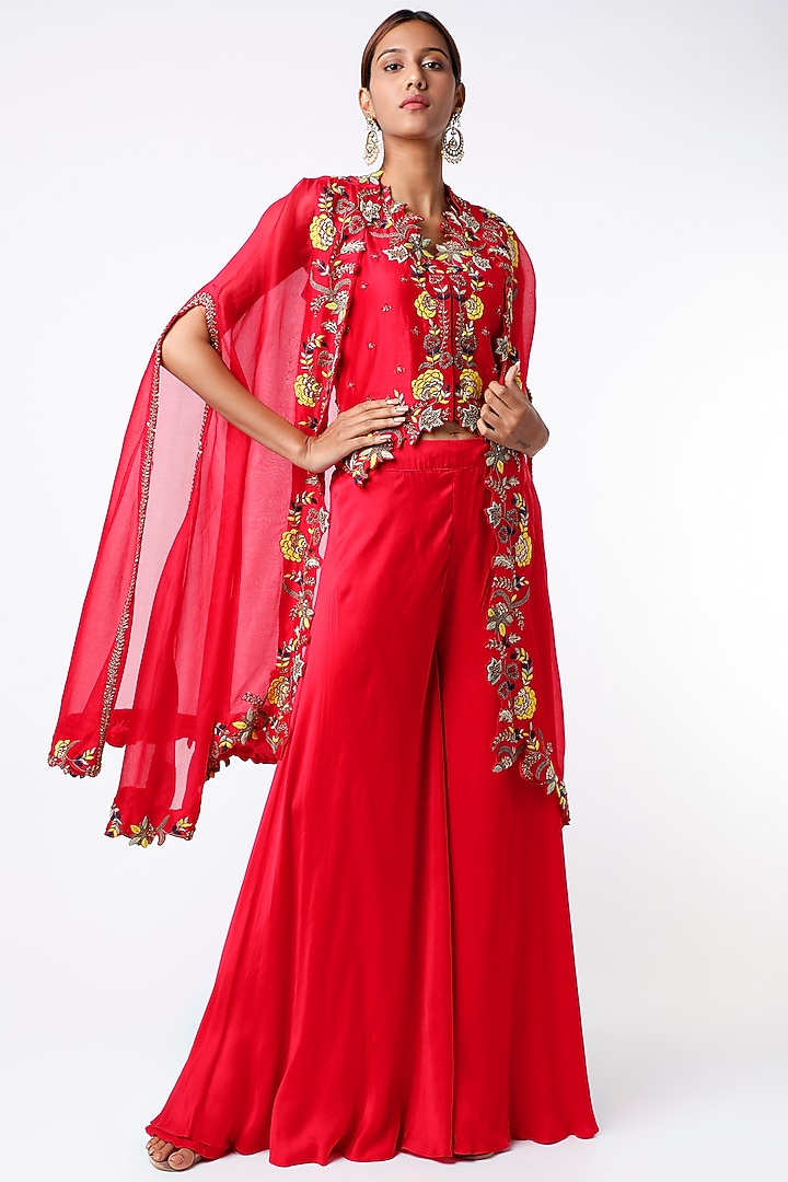Red Hand Embroidered Cape Set by USHA BAGRI at Pernia's Pop Up Shop