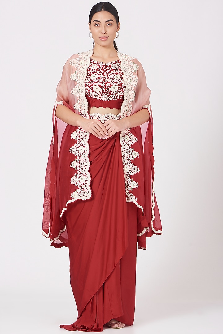 Red Draped Skirt Set by USHA BAGRI at Pernia's Pop Up Shop