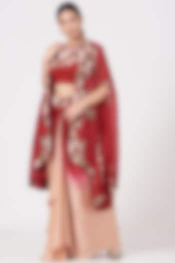 Red Ombre Draped Skirt Set by USHA BAGRI