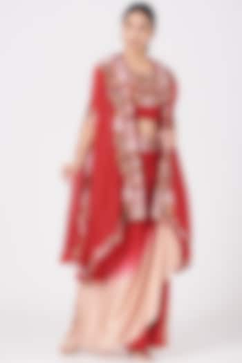 Red Ombre Embroidered Draped Skirt Set by USHA BAGRI