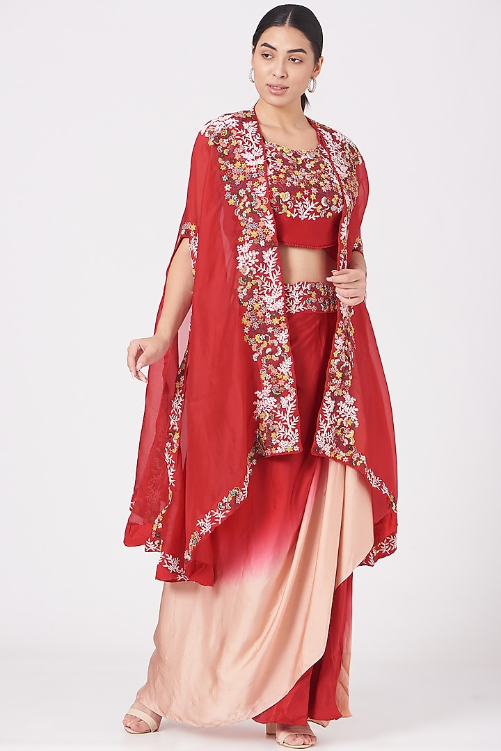 Red Ombre Embroidered Draped Skirt Set by USHA BAGRI