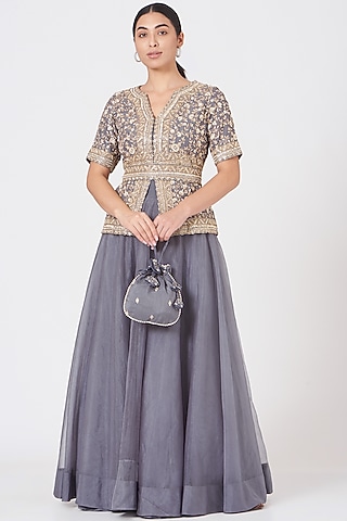 Mauve Embroidered Jacket Set by USHA BAGRI